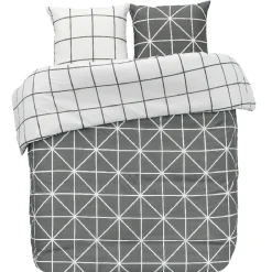 Parure de lit 2 places blanche et grise motif quadrillage