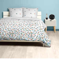 Parure de lit 2 places blanche motif pois multicolores