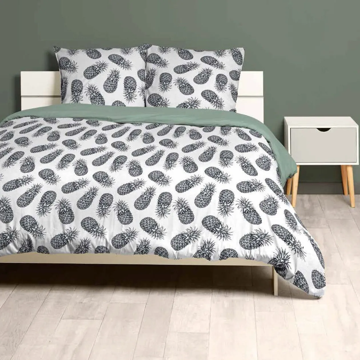 Parure de lit 2 places blanche imprimée ananas gris