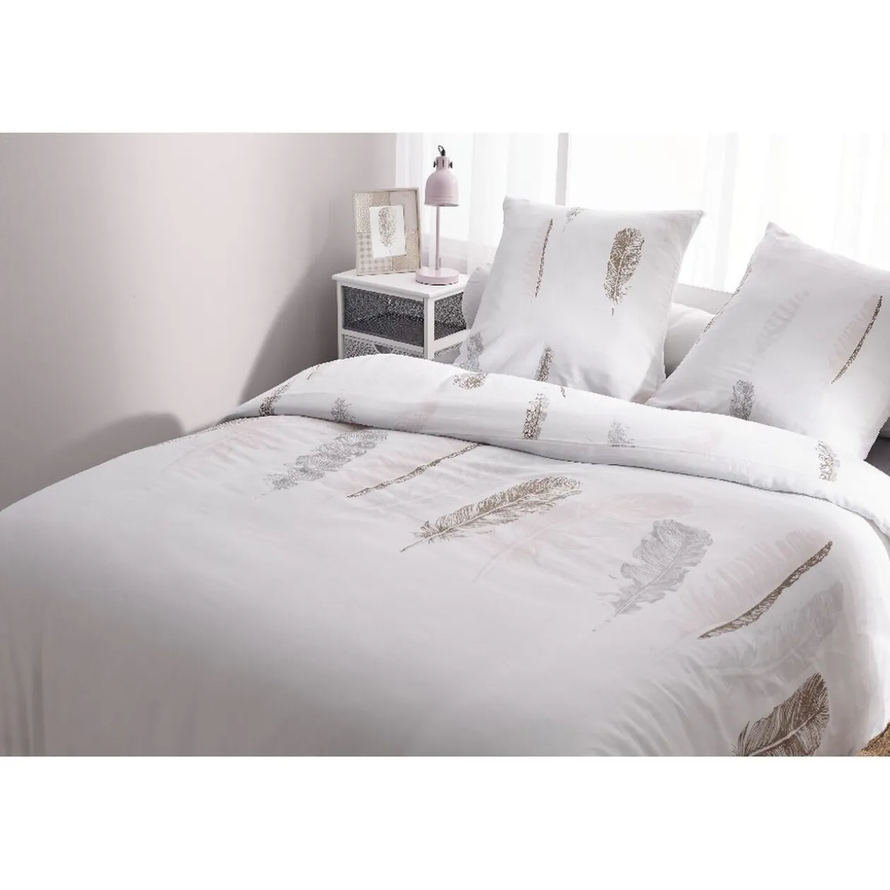 Parure de lit 2 places blanc motif plumes