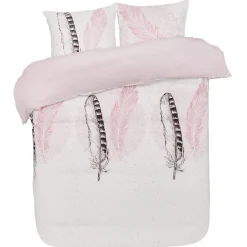 Parure de lit 2 places blanche plumes rose 220x240 cm