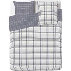 Parure de lit 2 places finition boutons coton à carreaux gris