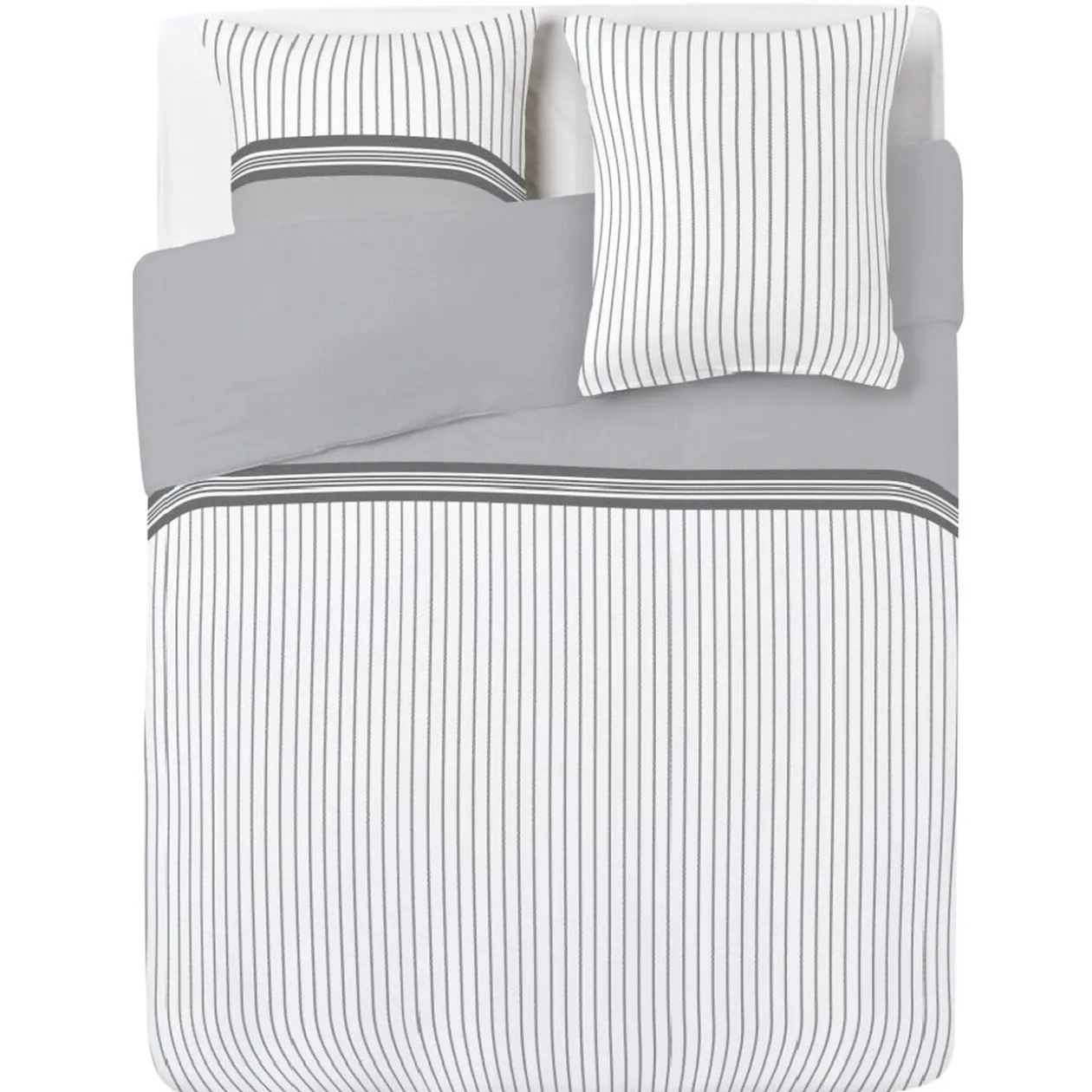 Parure de lit 2 places finition boutons coton gris à rayures
