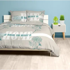 Parure de lit 2 places gris vert design bonheur motif fleur