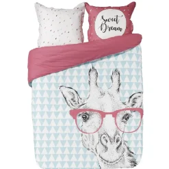 Parure de lit 2 places imprimée girafe à lunettes rose bleu