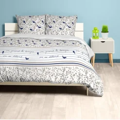 Parure de lit 2 places motif feuilles et oiseaux