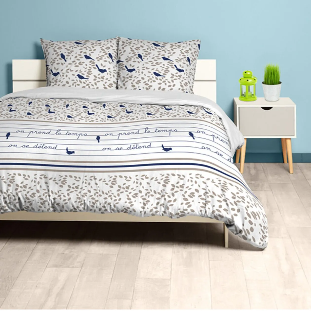 Parure de lit 2 places motif feuilles et oiseaux