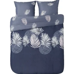 Parure de lit 2 places motifs fleurs feuilles sur fond bleu