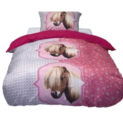 Parure de lit 2 places rose et blanche motif Poney