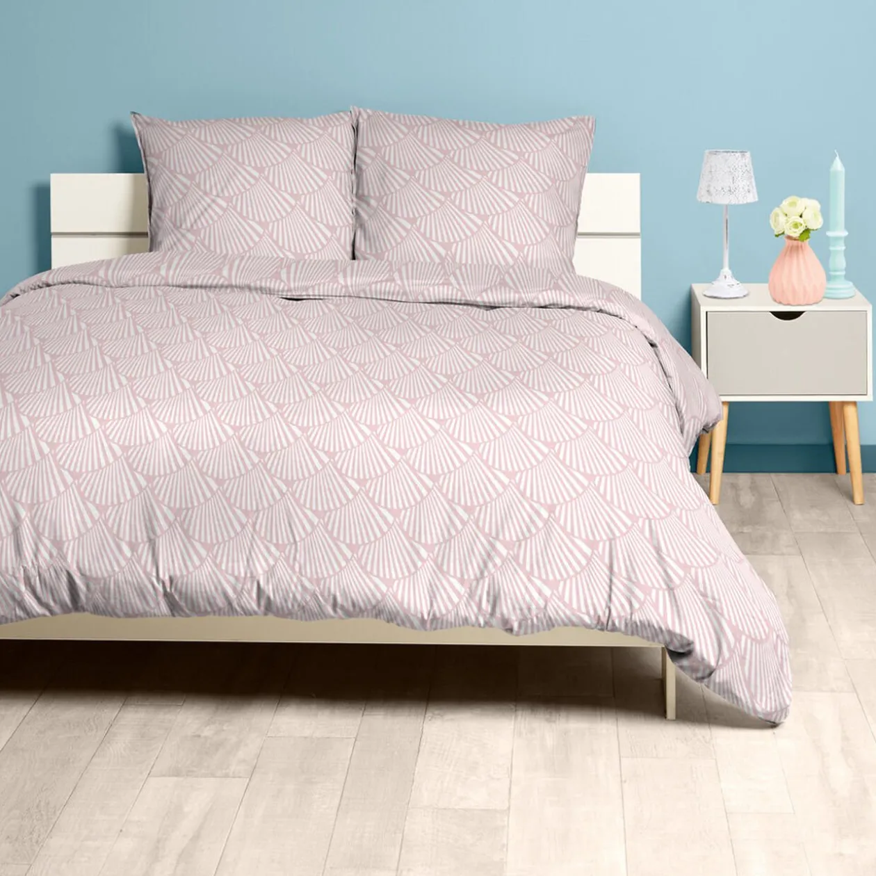 Parure de lit 2 places rose et gris design géométrique