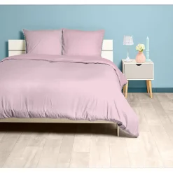 Parure de lit 2 places rose bordure à pompons bleus