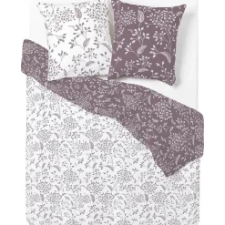 Parure de lit blanche et marron motifs branches feuillages