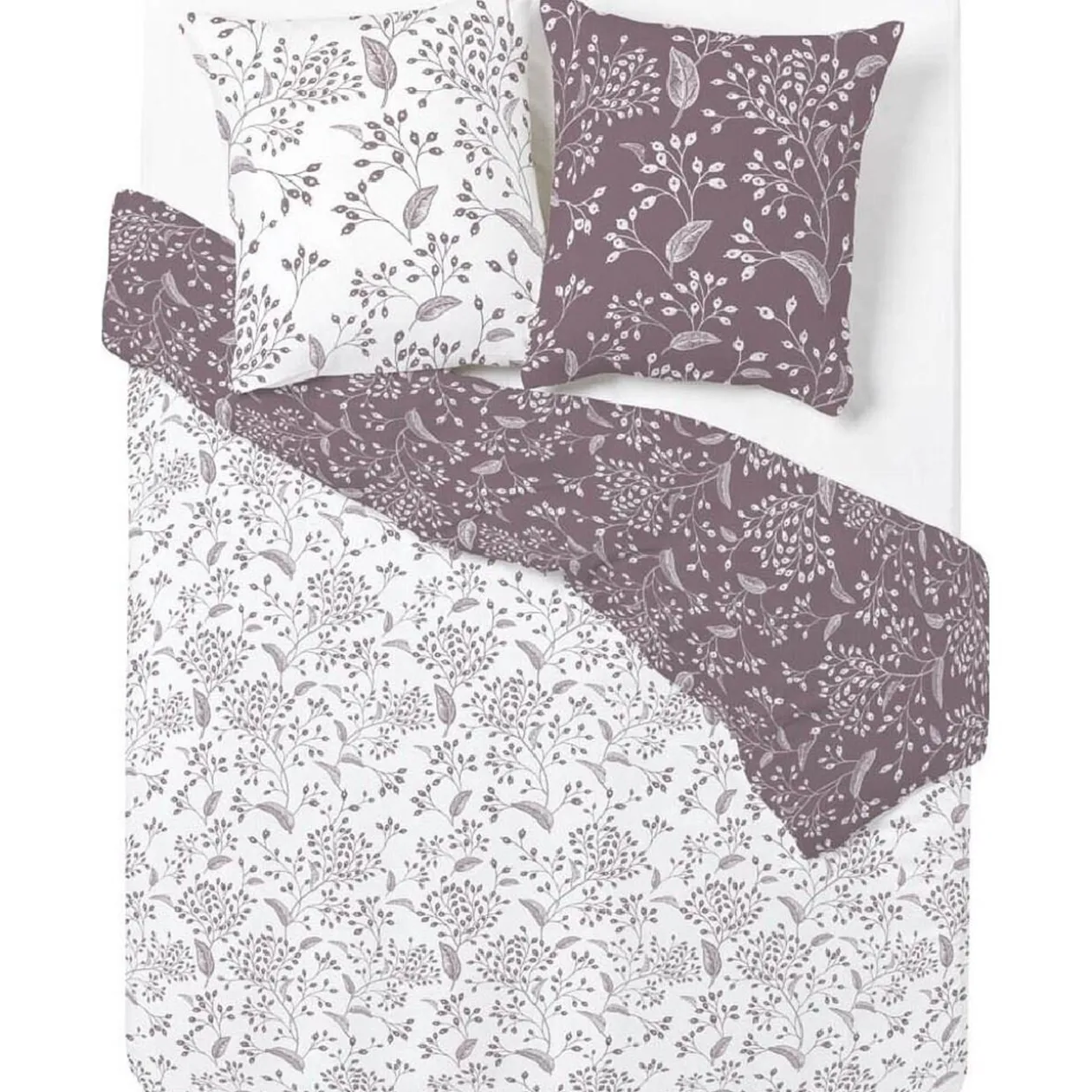 Parure de lit blanche et marron motifs branches feuillages