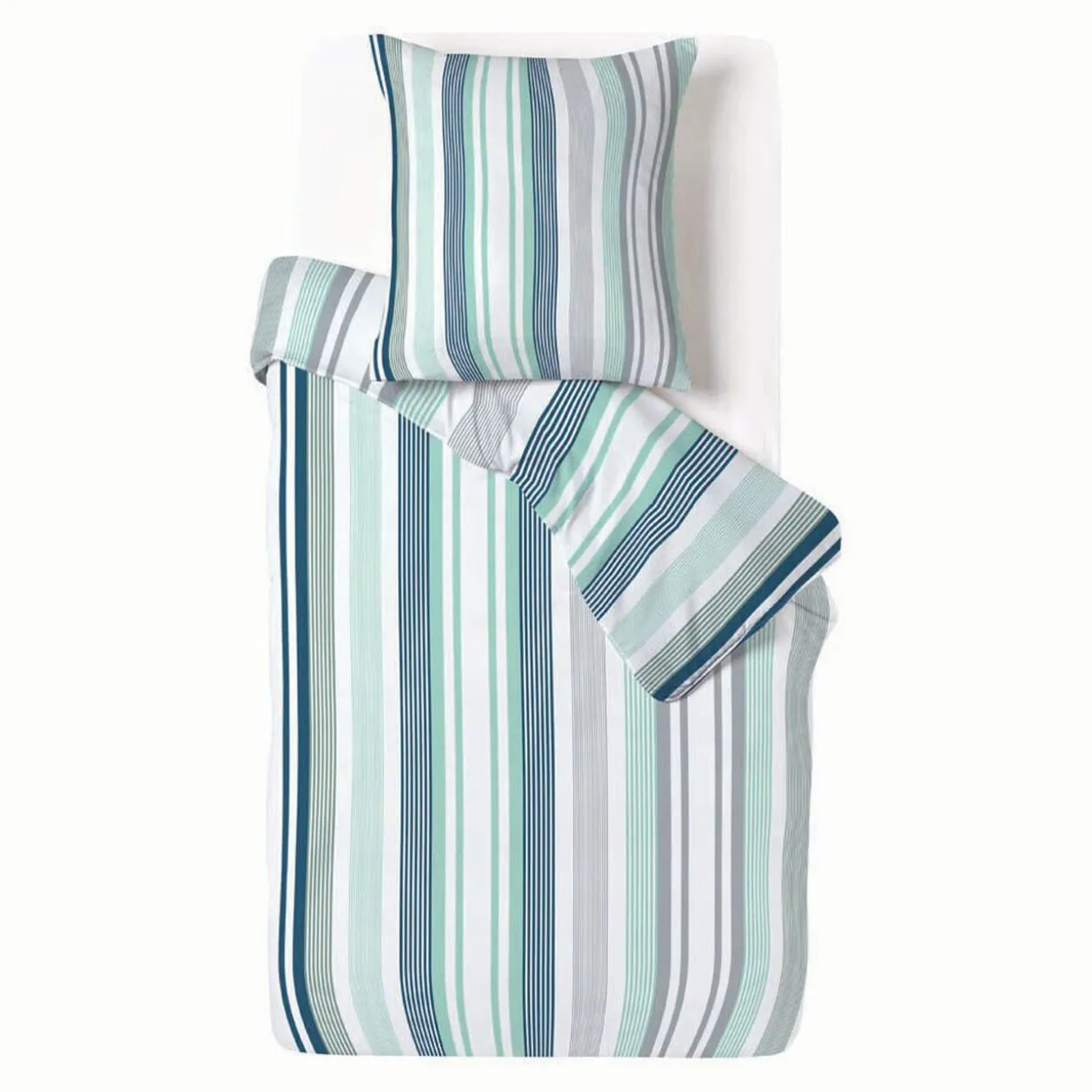 Parure de lit blanche rayure verticale bleu vert 1 personne
