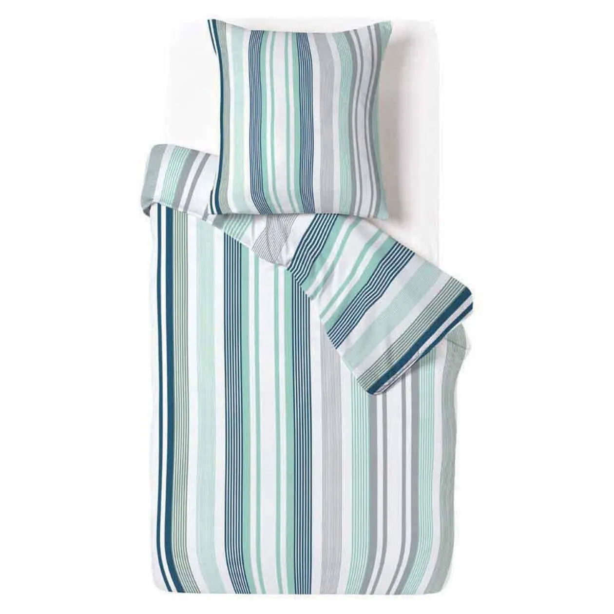Parure de lit blanche rayure verticale bleu vert 1 personne