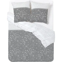 Parure de lit en coton motif fleur et écaille gris 240x260 cm