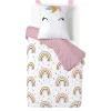 Parure de lit enfant 1 personne 140x200cm réversible motif licorne arc-en-ciel rose