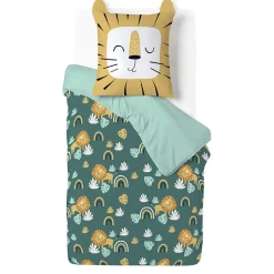 Parure de lit enfant 1 personne 140x200cm réversible motif savane lion vert