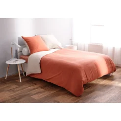 Parure de lit flanelle 2 places bicolore argile rouge écru