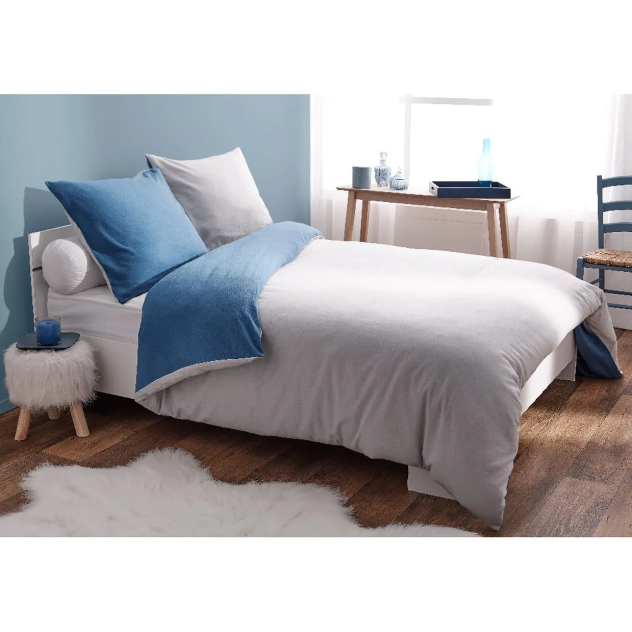Parure de lit flanelle 2 places bicolore gris bleu