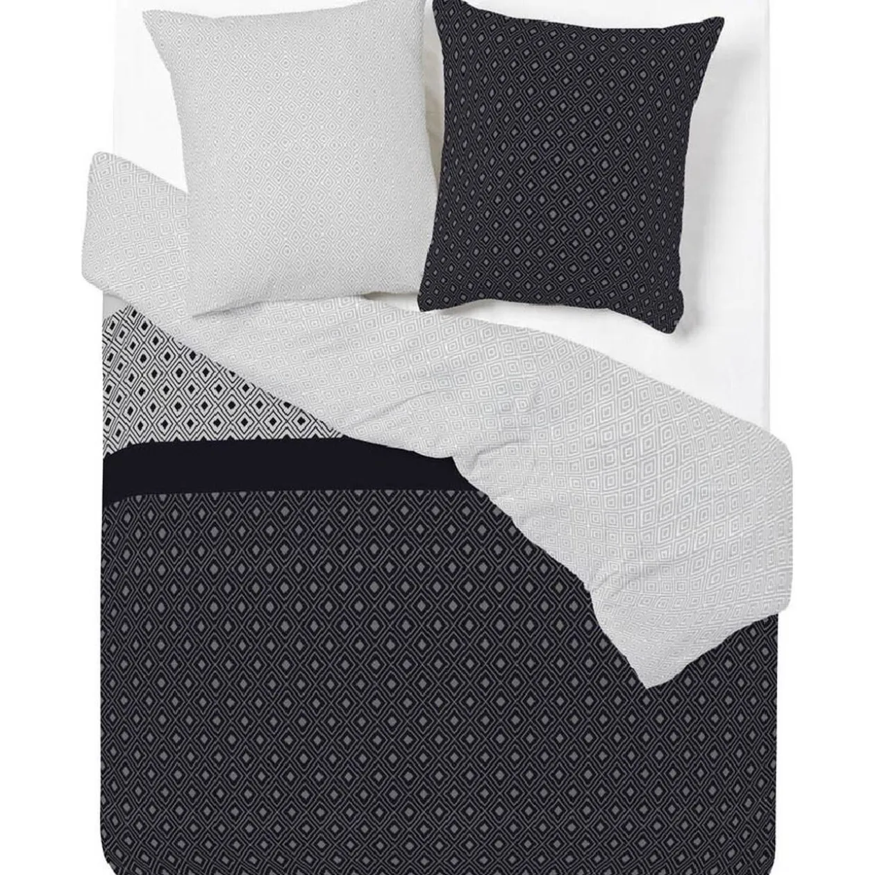 Parure de lit grise et noire motifs triangles 1 face blanche