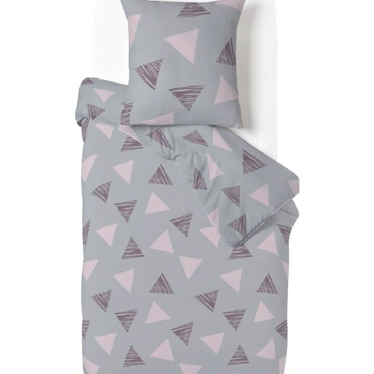 Parure de lit grise motifs triangles roses 1 personne