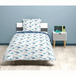 Parure de lit housse de couette taie hélicoptère blanc bleu