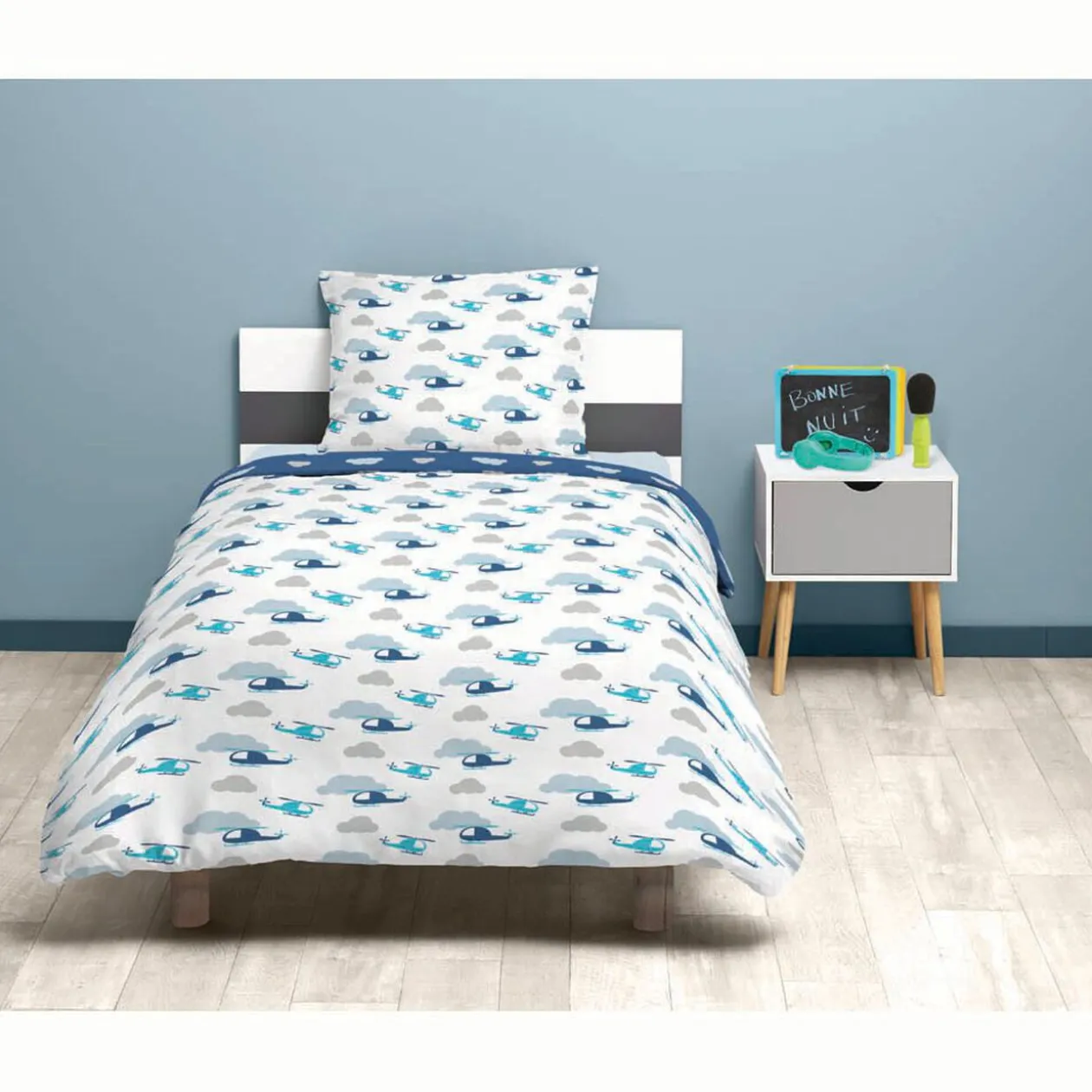 Parure de lit housse de couette taie hélicoptère blanc bleu