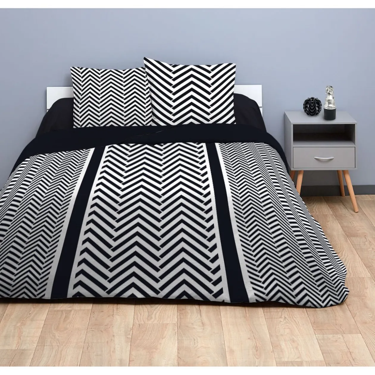 Parure de lit housse de couette taies chevrons noir blanc