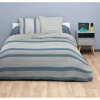 Parure de lit housse de couette taies rayée bleu gris