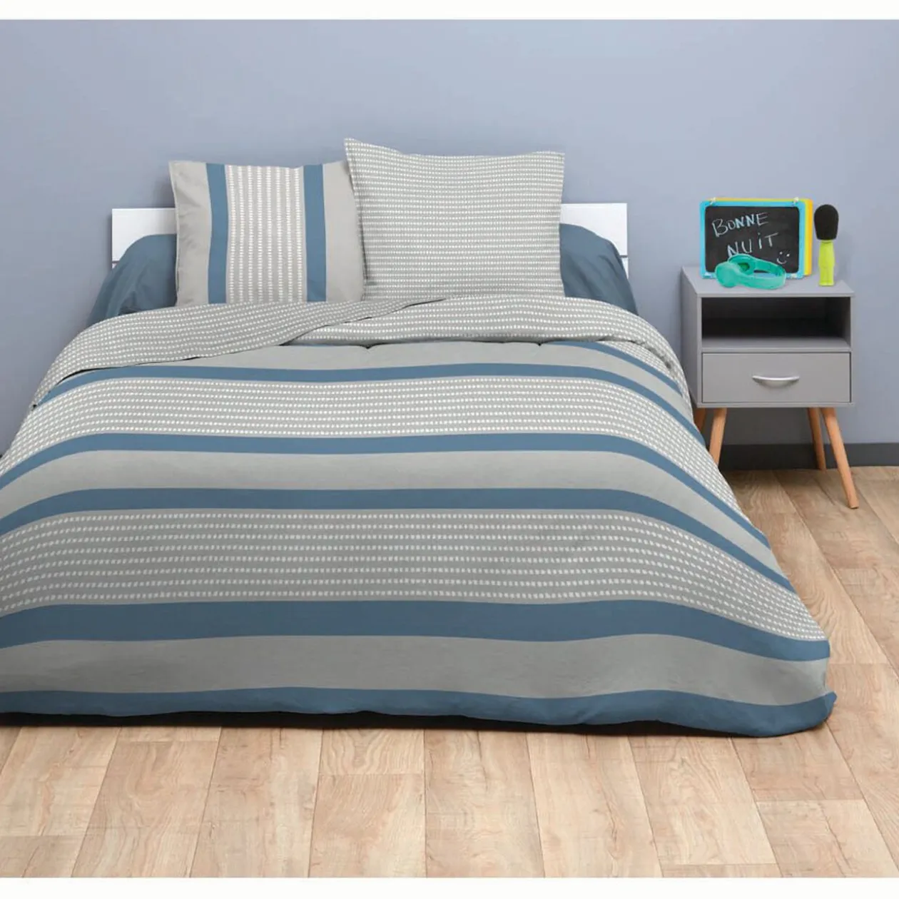 Parure de lit housse de couette taies rayée bleu gris