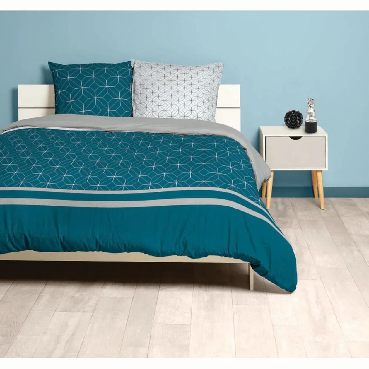 Parure de lit housse de couette taie géométrique bleu blanc