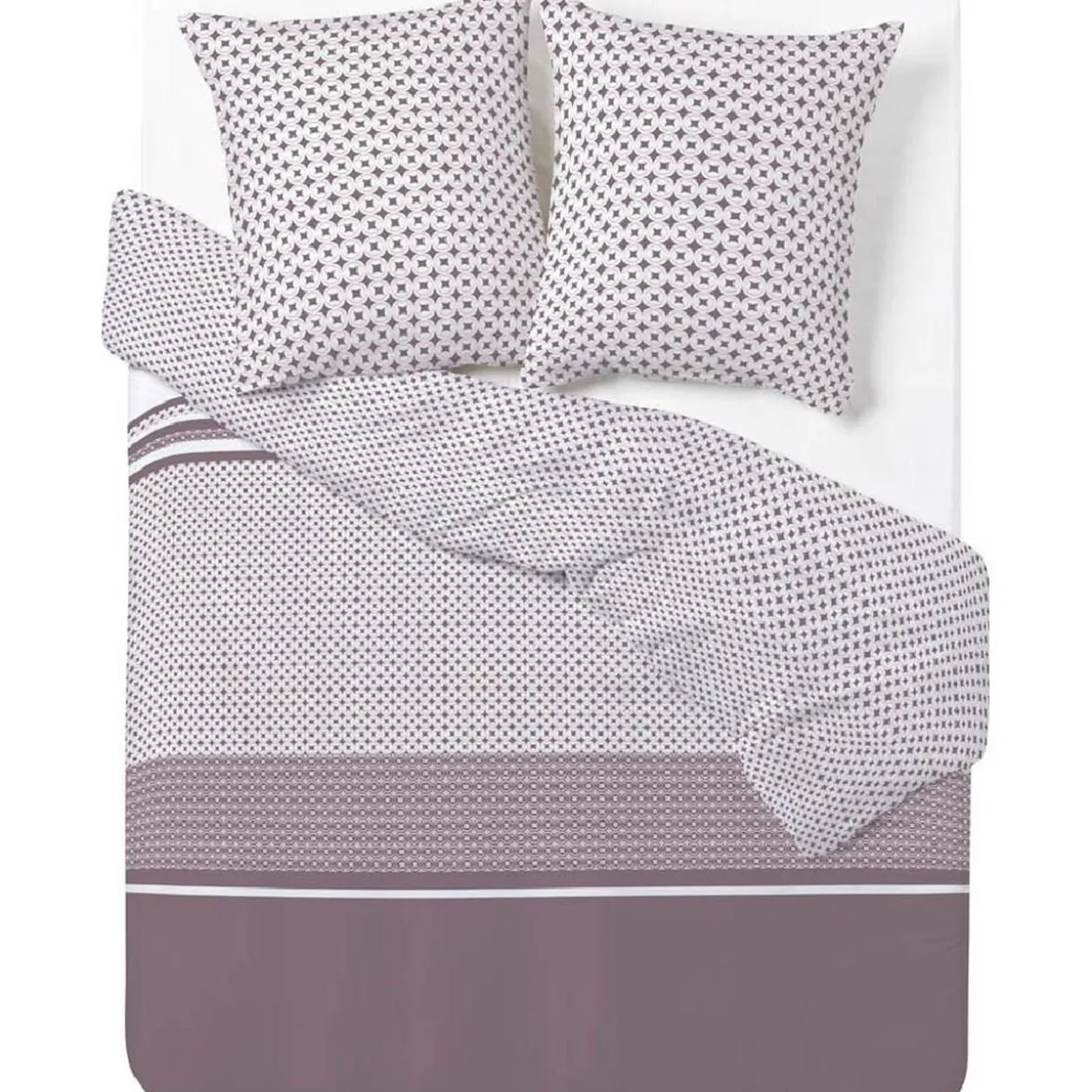 Parure de lit marron et blanche motifs géométriques et frise