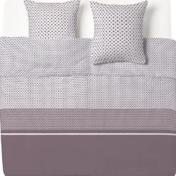 Parure de lit marron et blanche motifs géométriques et frise