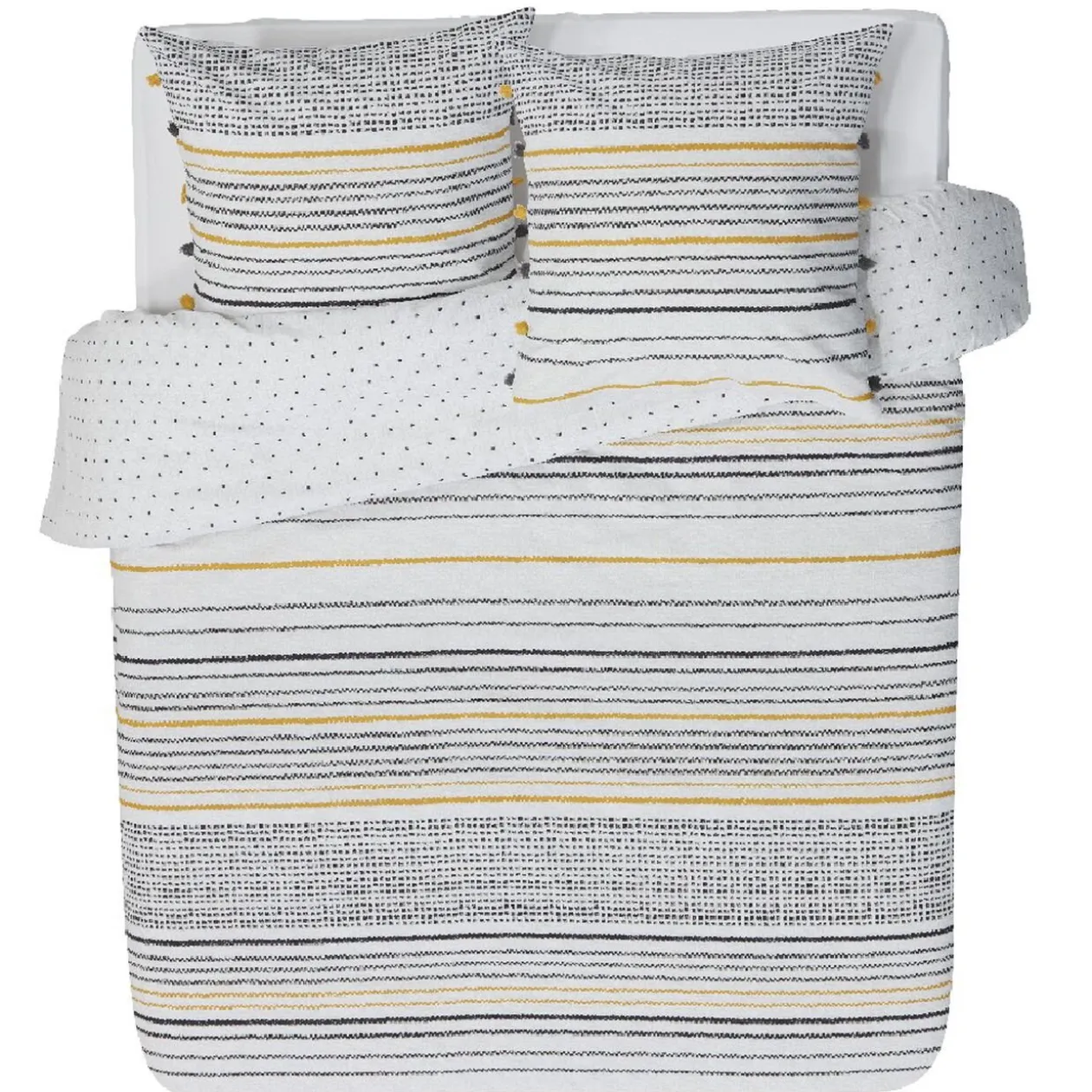 Parure de lit pompon grise et jaune moutarde rayure et point