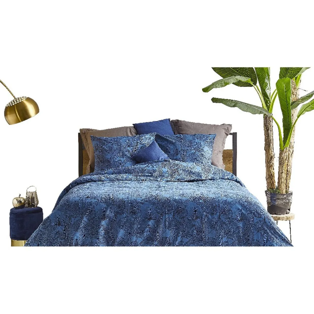 Parure de lit zébrage et feuillage bleu 240x220 cm