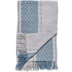 Plaid à franges design Cyclade blanc à motifs bandes bleues