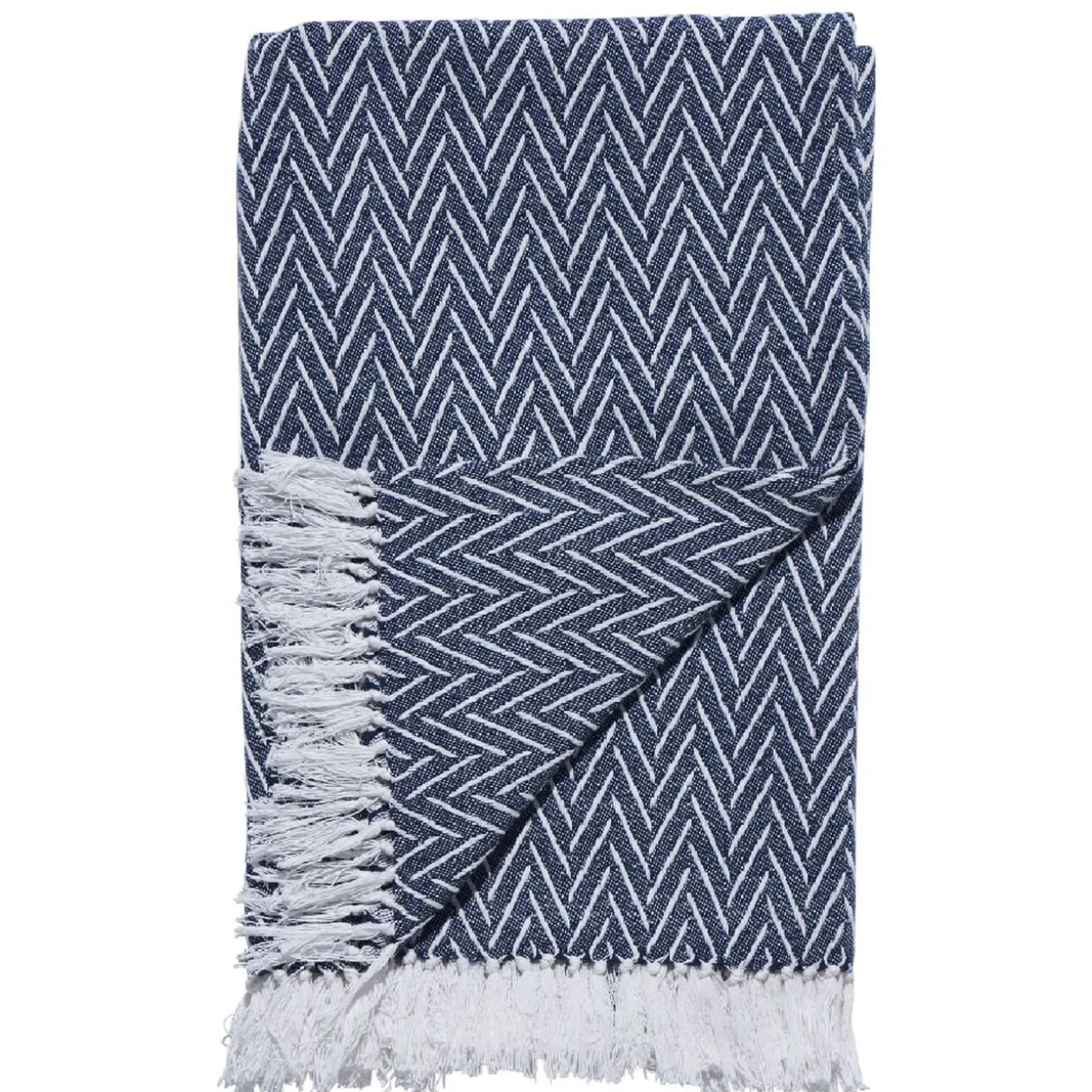 Plaid à franges design Cyclade bleu chevrons blancs