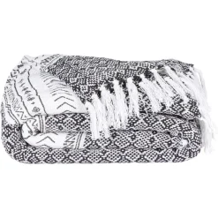 Plaid à franges motif ethnique noir et blanc