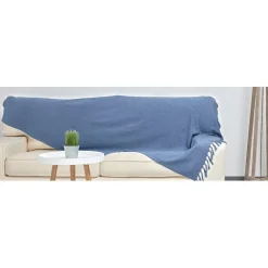 Plaid à franges uni bleu orage