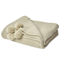 Plaid à maille unie à pompons beige 1 place
