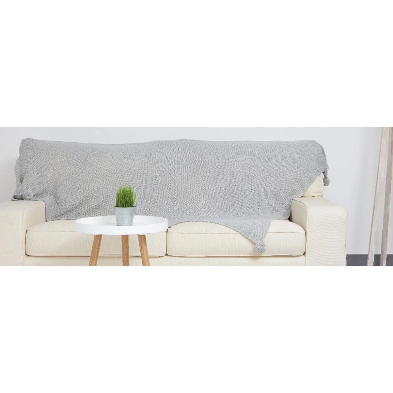 Plaid à maille unie à pompons gris clair 1 place