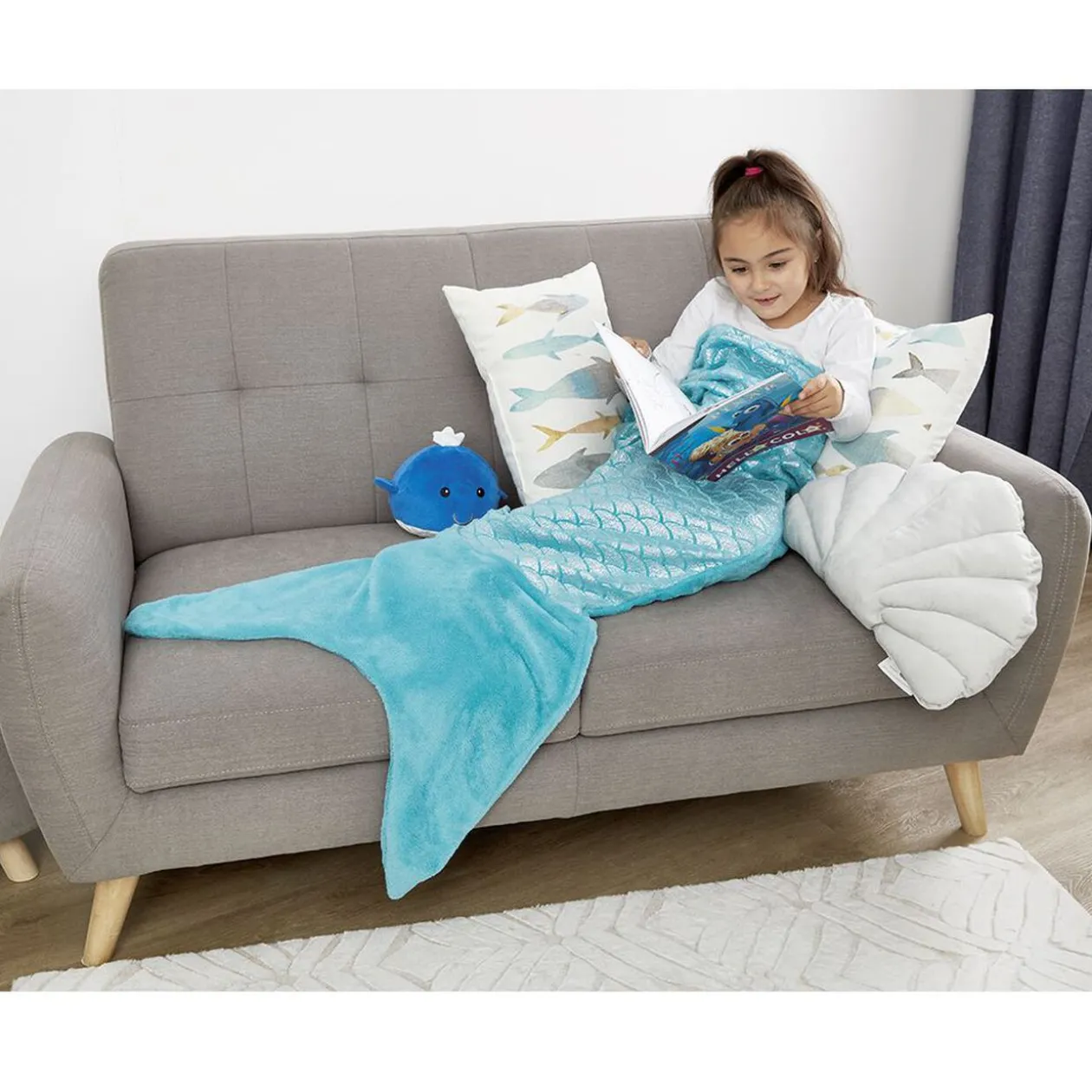 Plaid avec queue de sirène bleu