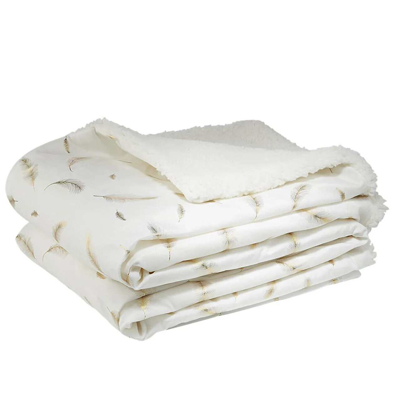 Plaid blanc motifs plumes dorées