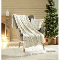 Plaid blanc motifs plumes dorées