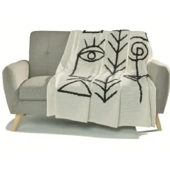 Plaid carré blanc écru motifs hiéroglyphes noirs