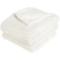 Plaid côtelé uni ivoire avec dos sherpa 130x160 cm