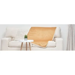 Plaid déco réversible beige jaune moutarde motif fleurs