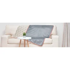 Plaid déco réversible gris bordure rose motif arabesque doux