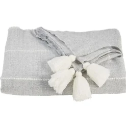 Plaid effet laine gris à pompons blancs